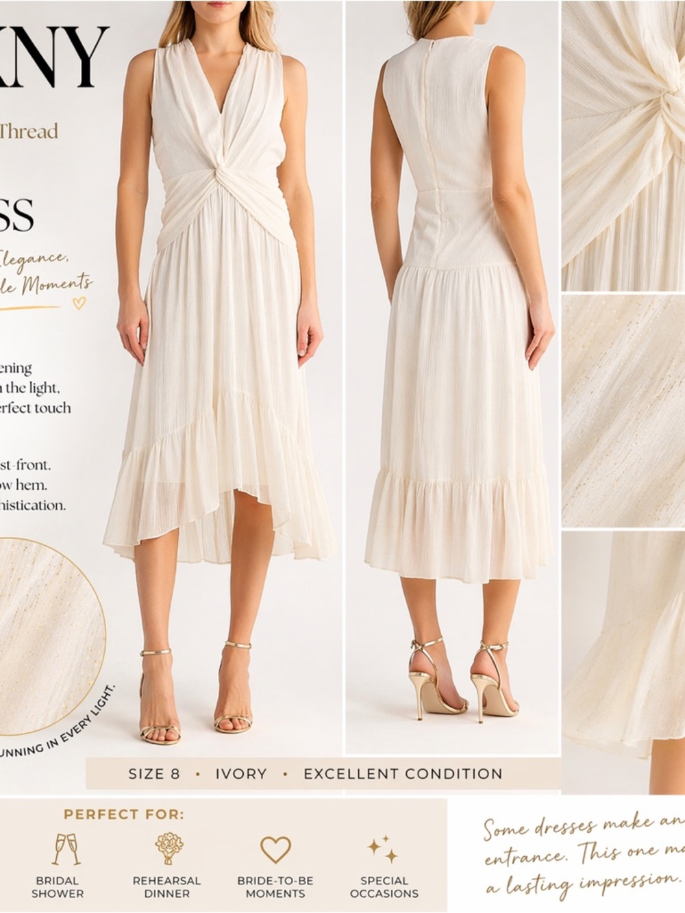 DKNY Ivory Twist-Front Midi Dress